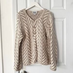 Reba Rose Vintage Beige Gray Chevron Knit Button Cardigan USA Cotton Large Cozy